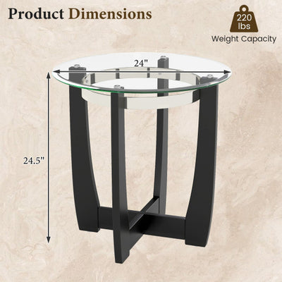 24 Inches Round Side Table with Tempered Glass Top and Solid Rubber Wood Base-Black