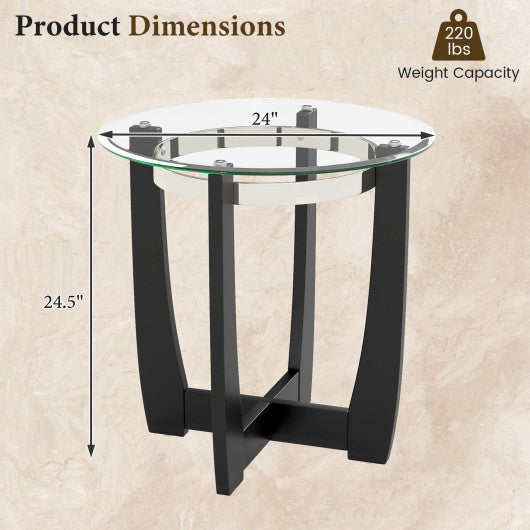 24 Inches Round Side Table with Tempered Glass Top and Solid Rubber Wood Base-Black