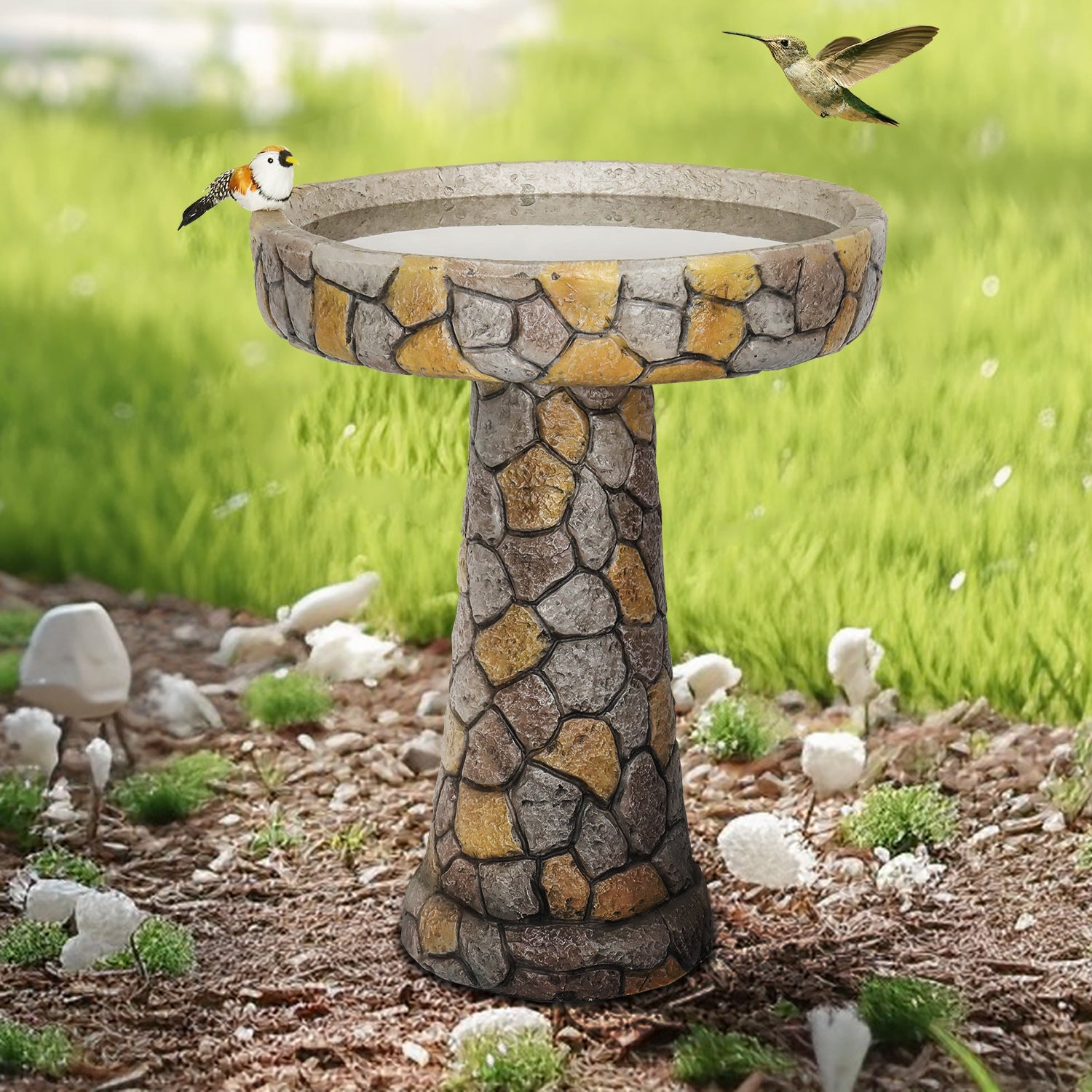 Concrete Mosaic Bird Bath Stone Inlay 24 Inch