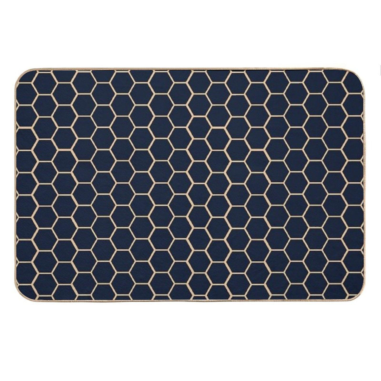 Geometric Light Yellow And Dark Blue Honeycomb Pattern Bath Mat