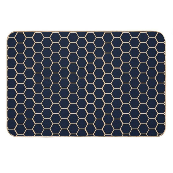 Geometric Light Yellow And Dark Blue Honeycomb Pattern Bath Mat