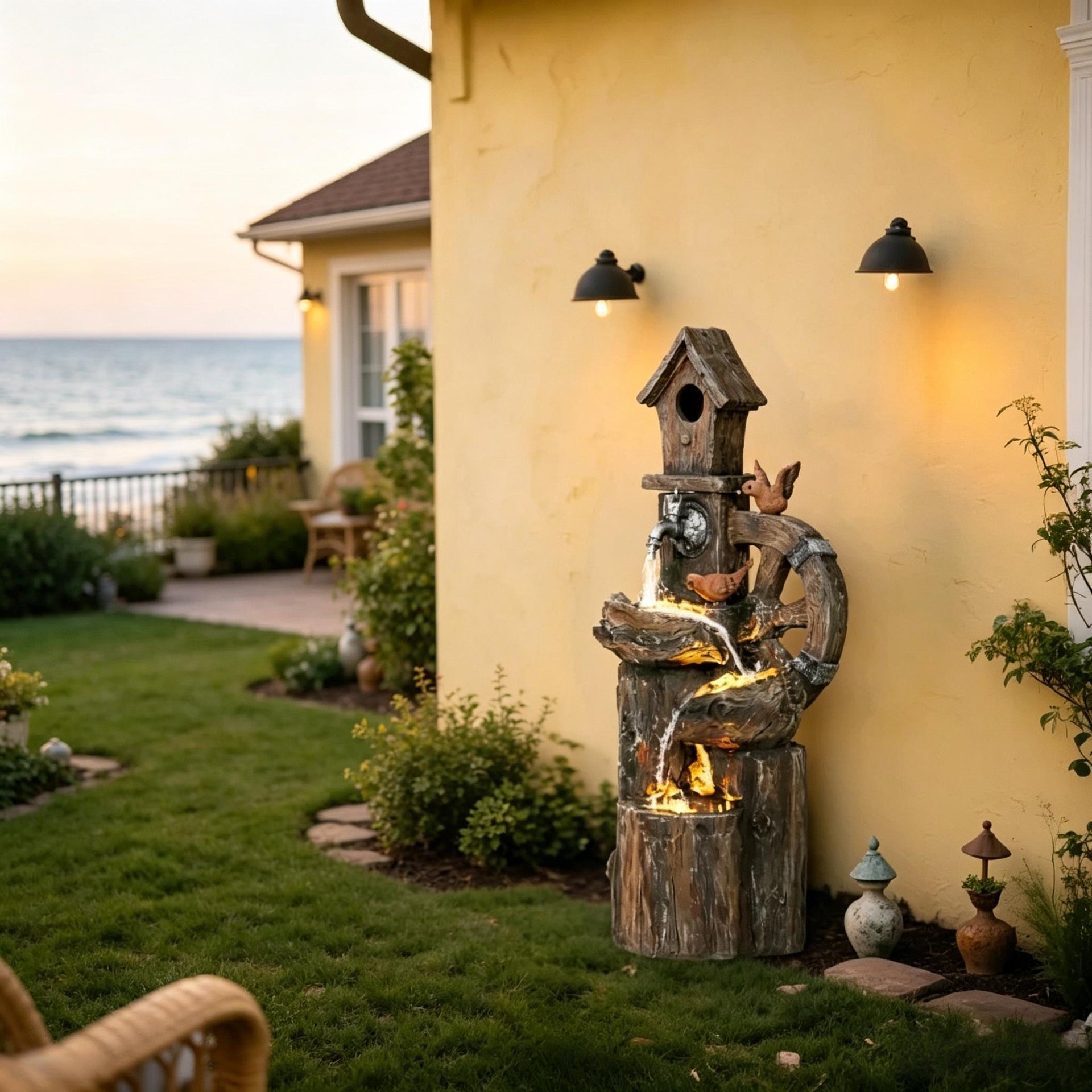 Resin Rustic Outdoor Fountain Birdhouse and Iron Tap