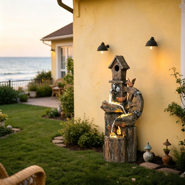Resin Rustic Outdoor Fountain Birdhouse and Iron Tap