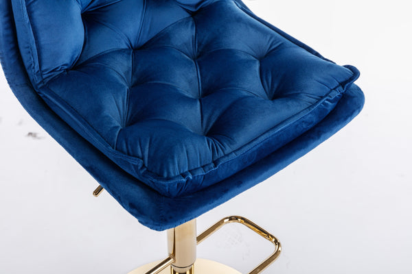 Set of 2 Bar Stools — Chrome Footrest, Swivel Height-Adjustable Velvet Seat, Golden Legs