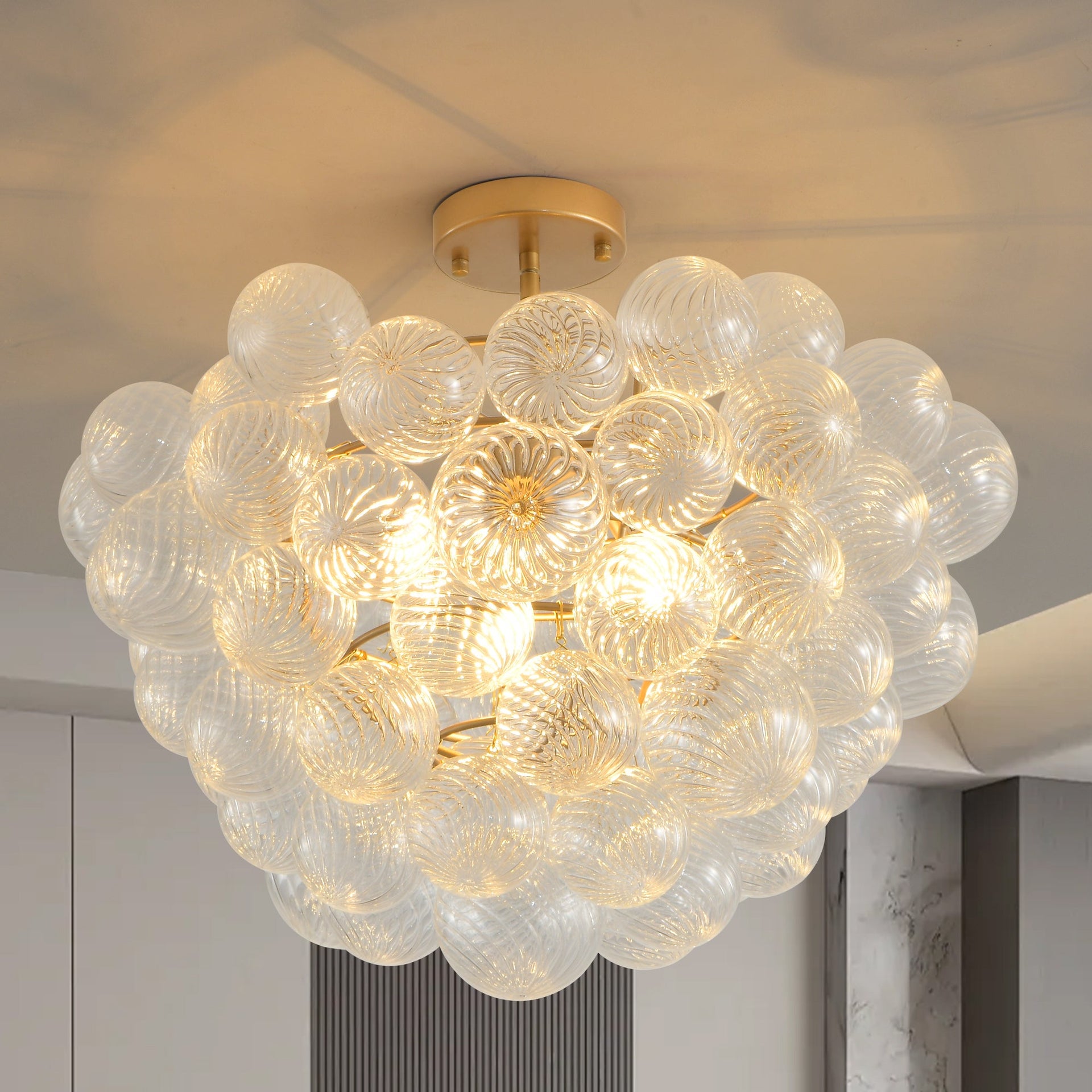Gold Pendant Chandelier with Threaded Clear Glass Globe Shade for Living, Dining & Kitchen