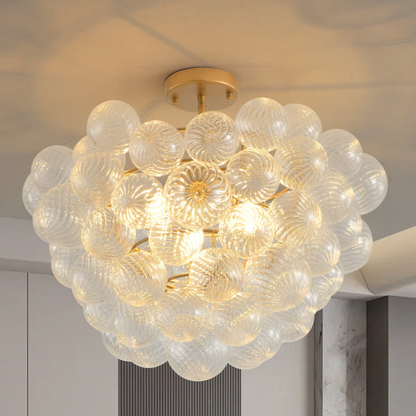 Gold Pendant Chandelier with Threaded Clear Glass Globe Shade for Living, Dining & Kitchen