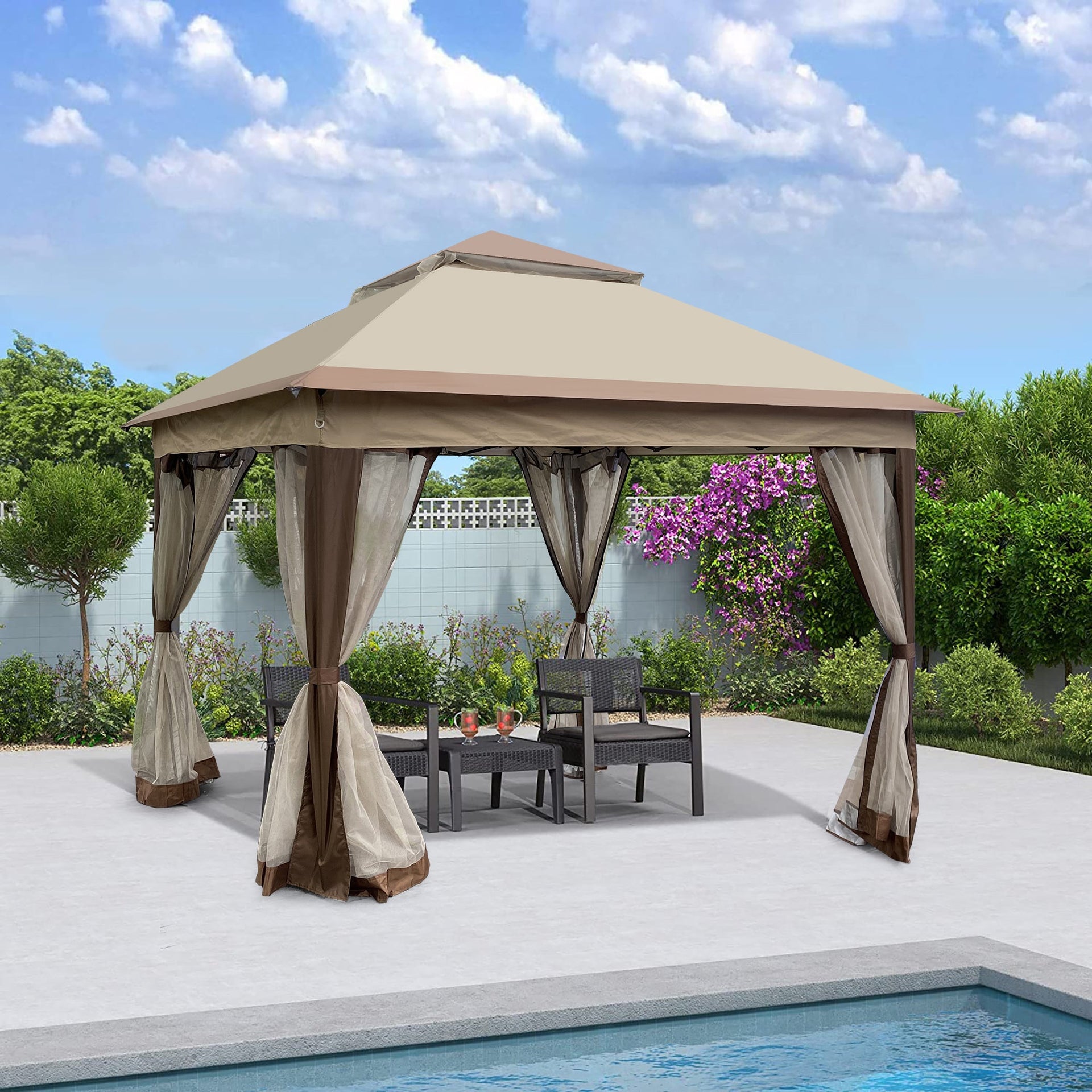 Outdoor Pop-Up Gazebo Canopy 11 x 11 ft (132 x 132 inch) with 2-Tier Soft Top and Removable Zipper Netting - Coffee Metal