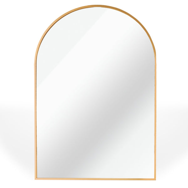 24x36 Inch Gold Metal Framed Arched Mirror with sleek brushed gold finish, ideal for modern home decor in entryways or bathrooms.