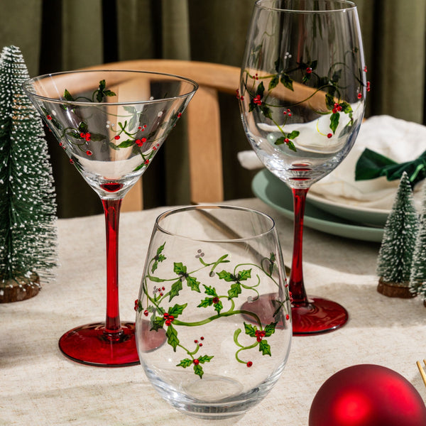 Christmas Holly Martini Glasses Jersey Art Glass
