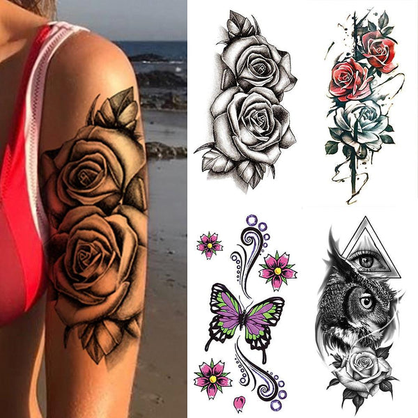 25 Sheets Flower Rose Luxury Tattoos Waterproof Temporary Sticker 3D Rose Flower Tattoos Body Art Arm Fake Tatoo For Womens