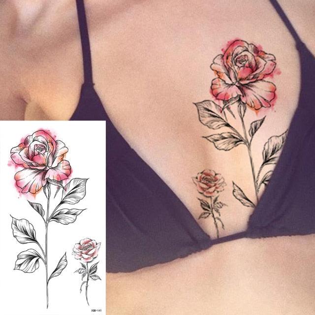 25 Sheets Flower Rose Luxury Tattoos Waterproof Temporary Sticker 3D Rose Flower Tattoos Body Art Arm Fake Tatoo For Womens