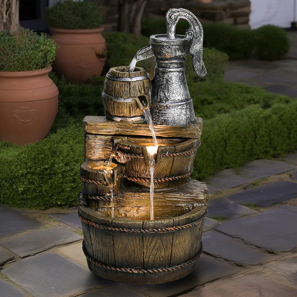 Resin Broken Barrel Rustic Outdoor Fountain 25 Inch LED