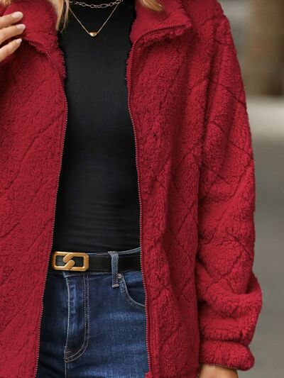 Women's Fuzzy Zip-Up Jacket with Pockets – Soft & Cozy Long Sleeve Outerwear