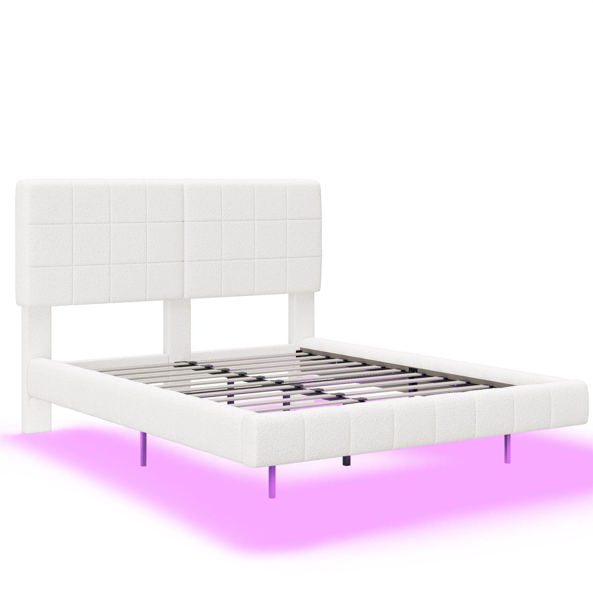 White  Boucle Floating Bed with Light,Queen