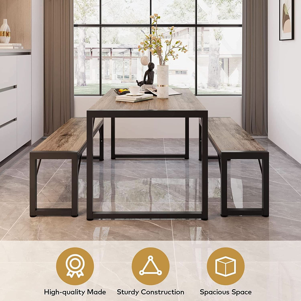 Dining Table Set For 4 With 2 Benches Gray Finish Modern