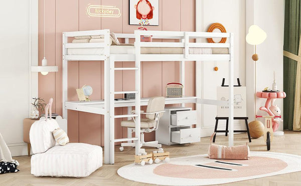 Twin Loft Wood Bed with Under-bed, Built-in Desk, a Storage Cabinet of 2 Drawers, Guardrails, Ladder,White