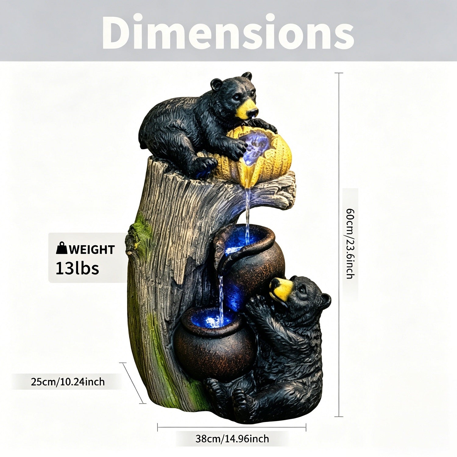 Resin Black Bear Outdoor Water Fountain with LED Lights