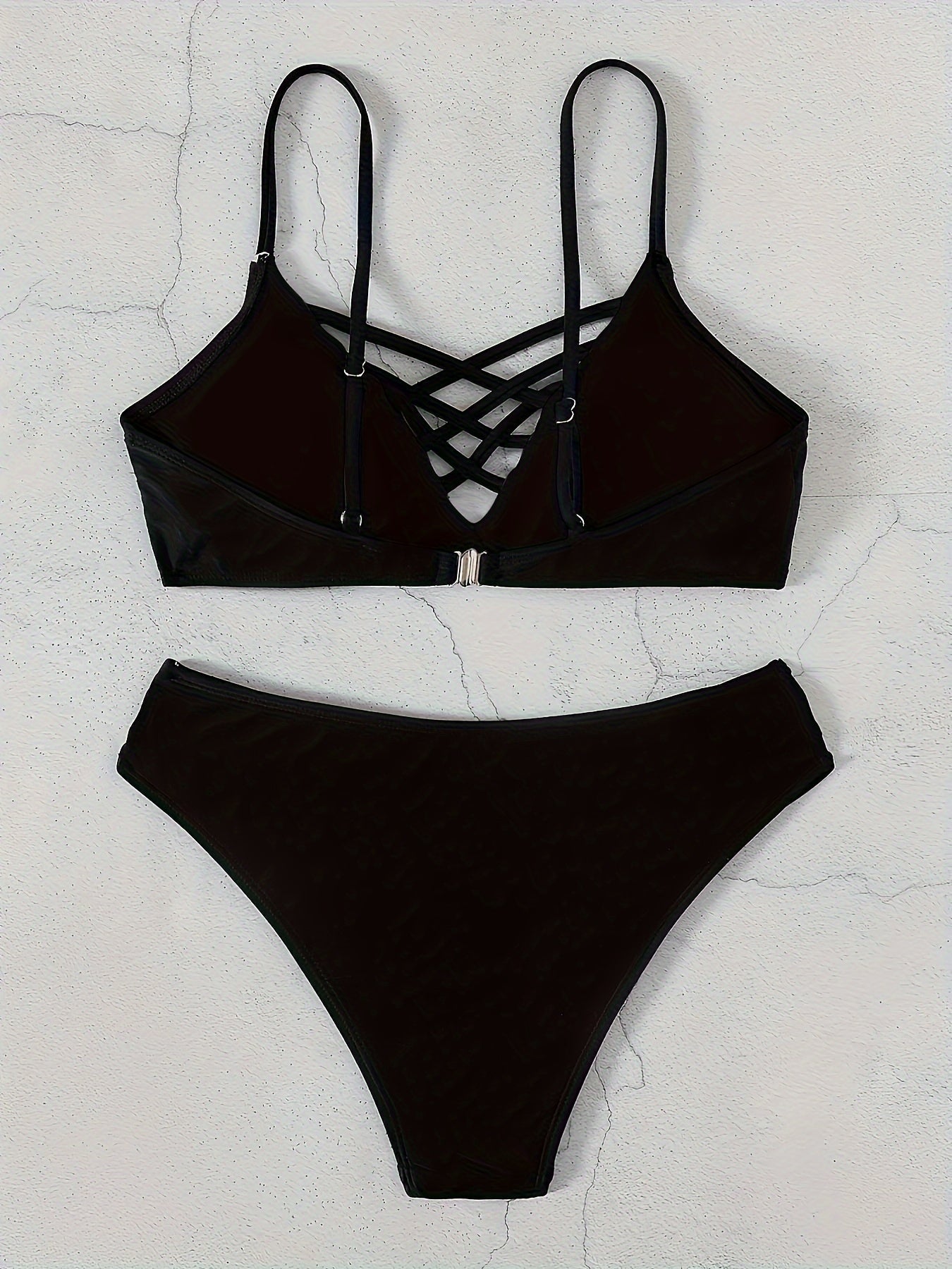 Noir Allure Criss Cross Bikini Set for Women – Chic Elegant Hollow Out Design with High Waist Buckle Detail Adjustable Spaghetti Straps & Medium Stretch Nylon – 2-Piece Women's Swimwear for Summer Beach Days & Poolside Glam