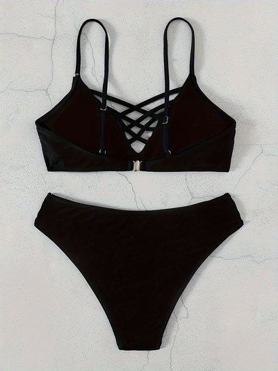 Noir Allure Criss Cross Bikini Set for Women – Chic Elegant Hollow Out Design with High Waist Buckle Detail Adjustable Spaghetti Straps & Medium Stretch Nylon – 2-Piece Women's Swimwear for Summer Beach Days & Poolside Glam