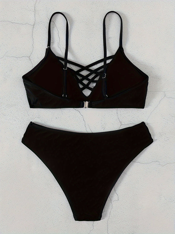 Noir Allure Criss Cross Bikini Set for Women – Chic Elegant Hollow Out Design with High Waist Buckle Detail Adjustable Spaghetti Straps & Medium Stretch Nylon – 2-Piece Women's Swimwear for Summer Beach Days & Poolside Glam