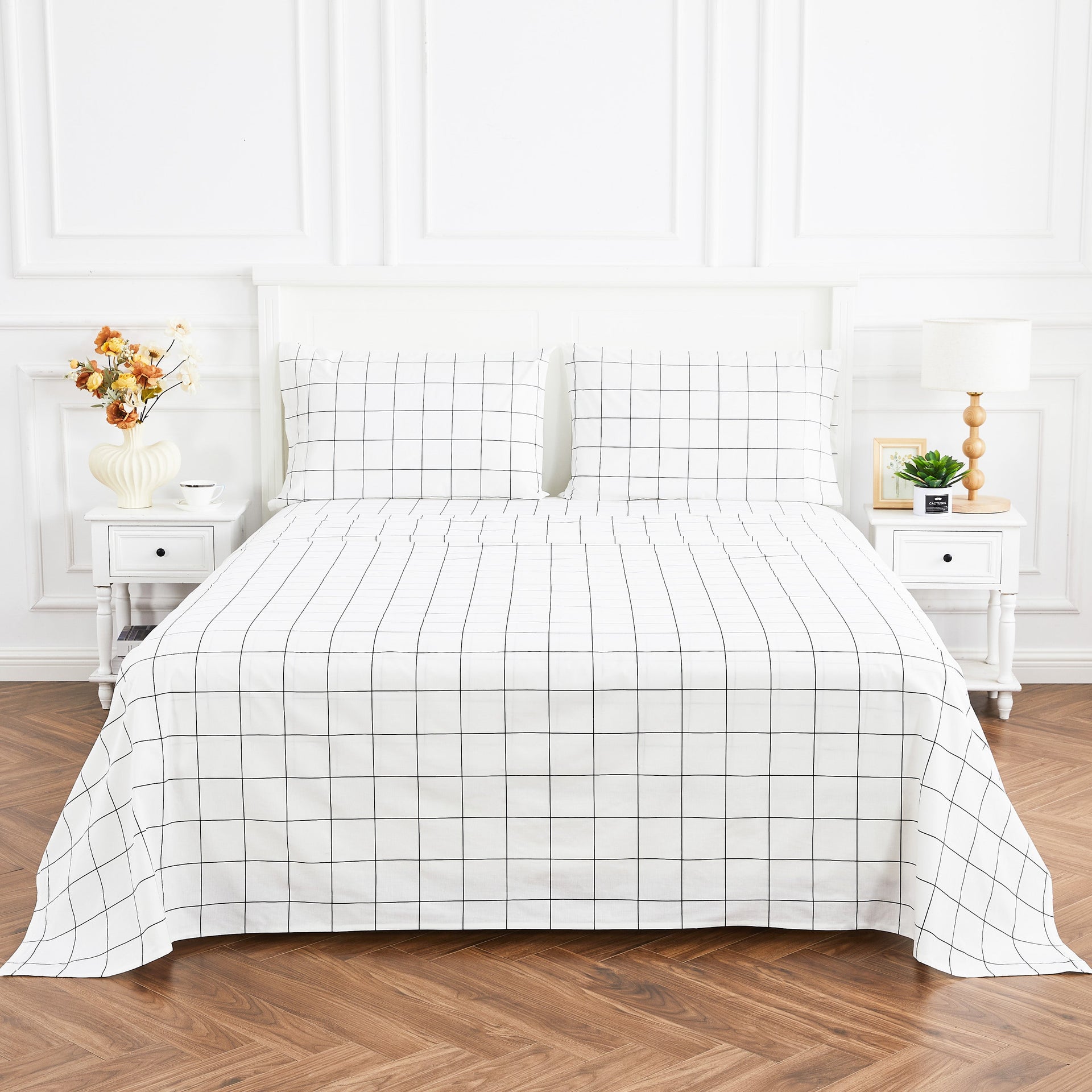 Grid Printed Cotton Percale Sheet Set