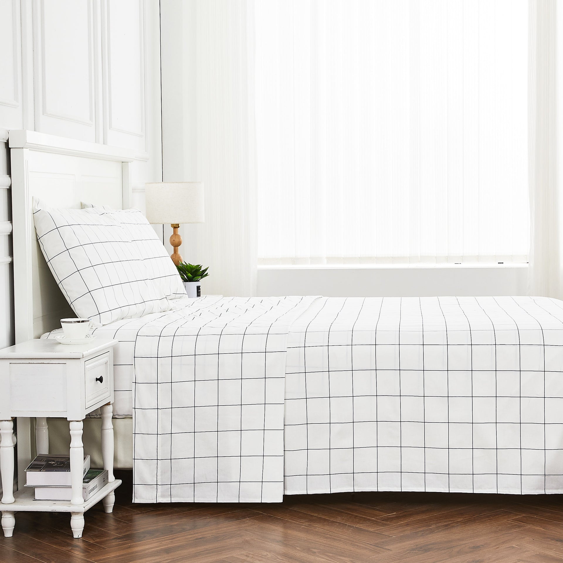 Grid Printed Cotton Percale Sheet Set