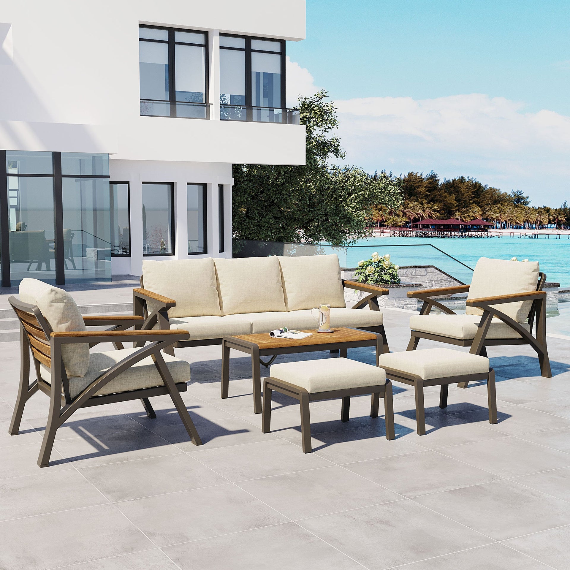 6-Piece Acacia Wood Outdoor Patio Conversation Set with Coffee Table