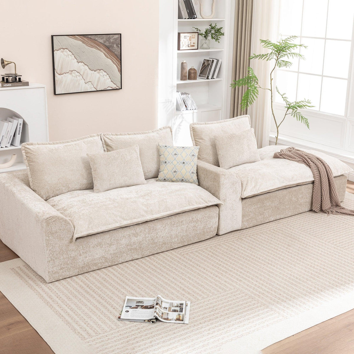Ivory Chenille L‑Shaped Modular Sectional Compressed Sofa