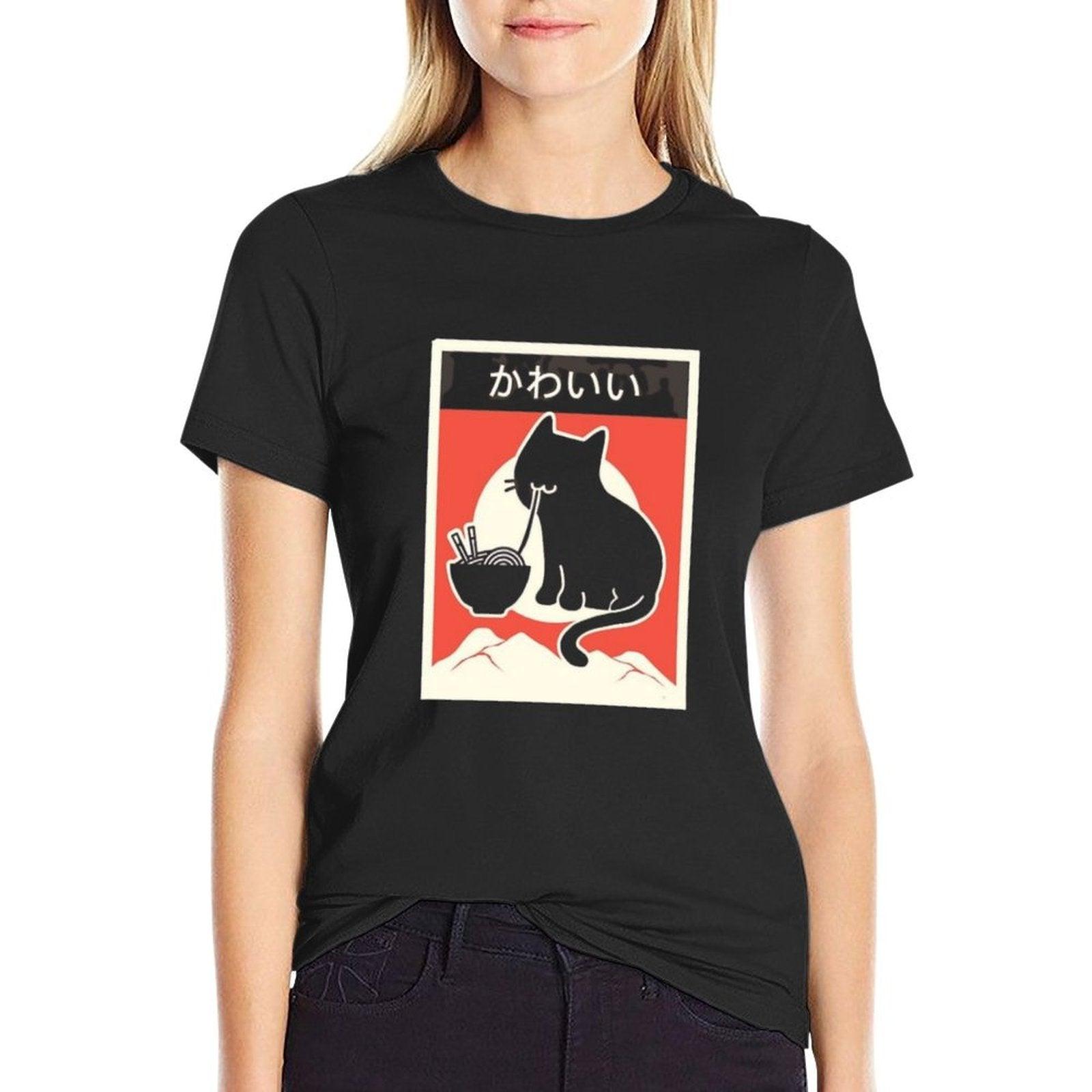 Kawaii Vintage Style Japenese Ramen Cat  Eco-friendly Material T-Shirt