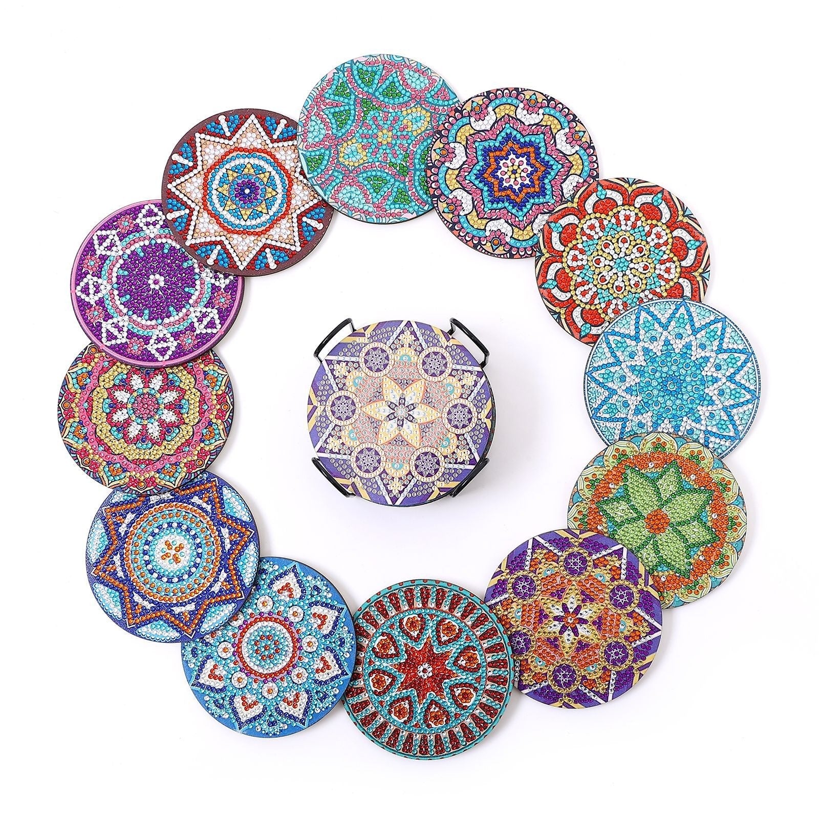 New DIY Diamond Painted Coaster Mat Set of 12 with Datura Pattern (Free Storage Shelf)
