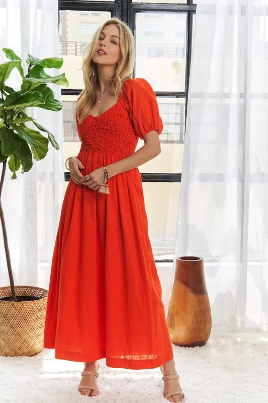 Popcorn Smocked Puff Sleeve Dress For Women – Textured, Elegant, Fluttering, Feminine, Stylish, Trendy For Special Occasions