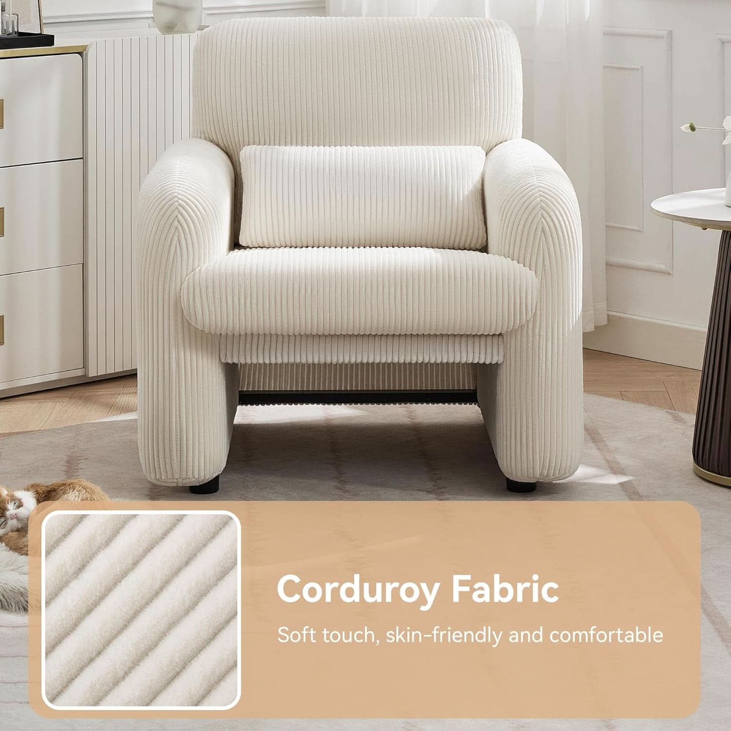 Corduroy Upholstered Accent Chair White Lumbar Pillow