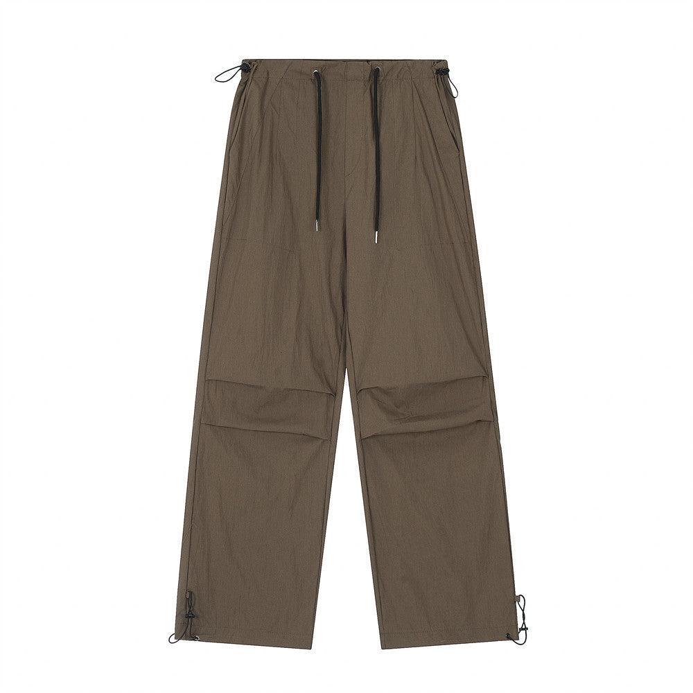 Wrinkled Casual Straight Cargo Pants Men's American Loose Solid Color Thin Sports Drawstring Cuffed Long Trousers