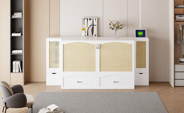 Large Murphy bed wall mounted bed with drawers, 2 storage cabinets, 1 set of sockets and USB ports, white