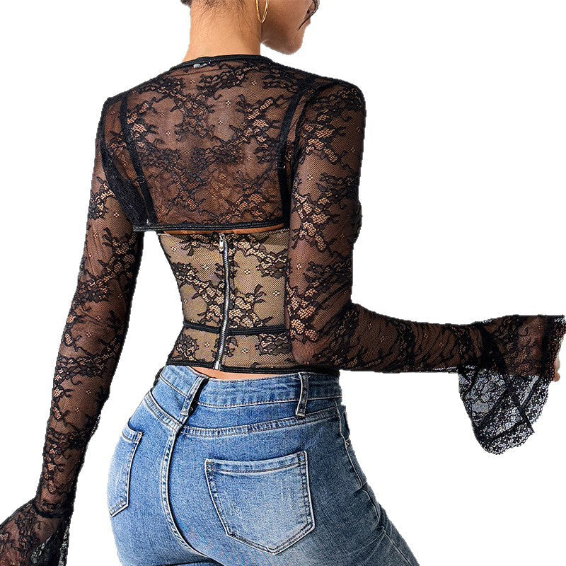 Lace sexy mesh see through backless long sleeved shawl new two-piece set spicy girl camisole vest