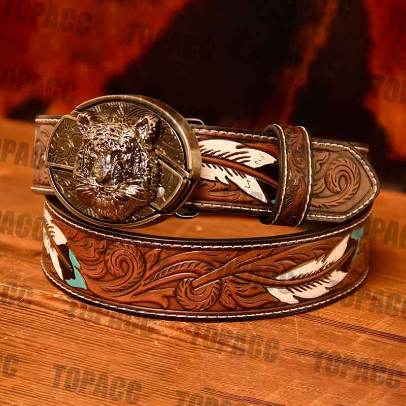 Waist 42-46 inch Western Leather Feather Belt - Block Buckle