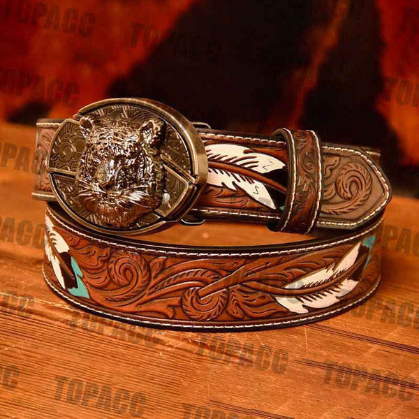 Waist 42-46 inch Western Leather Feather Belt - Block Buckle