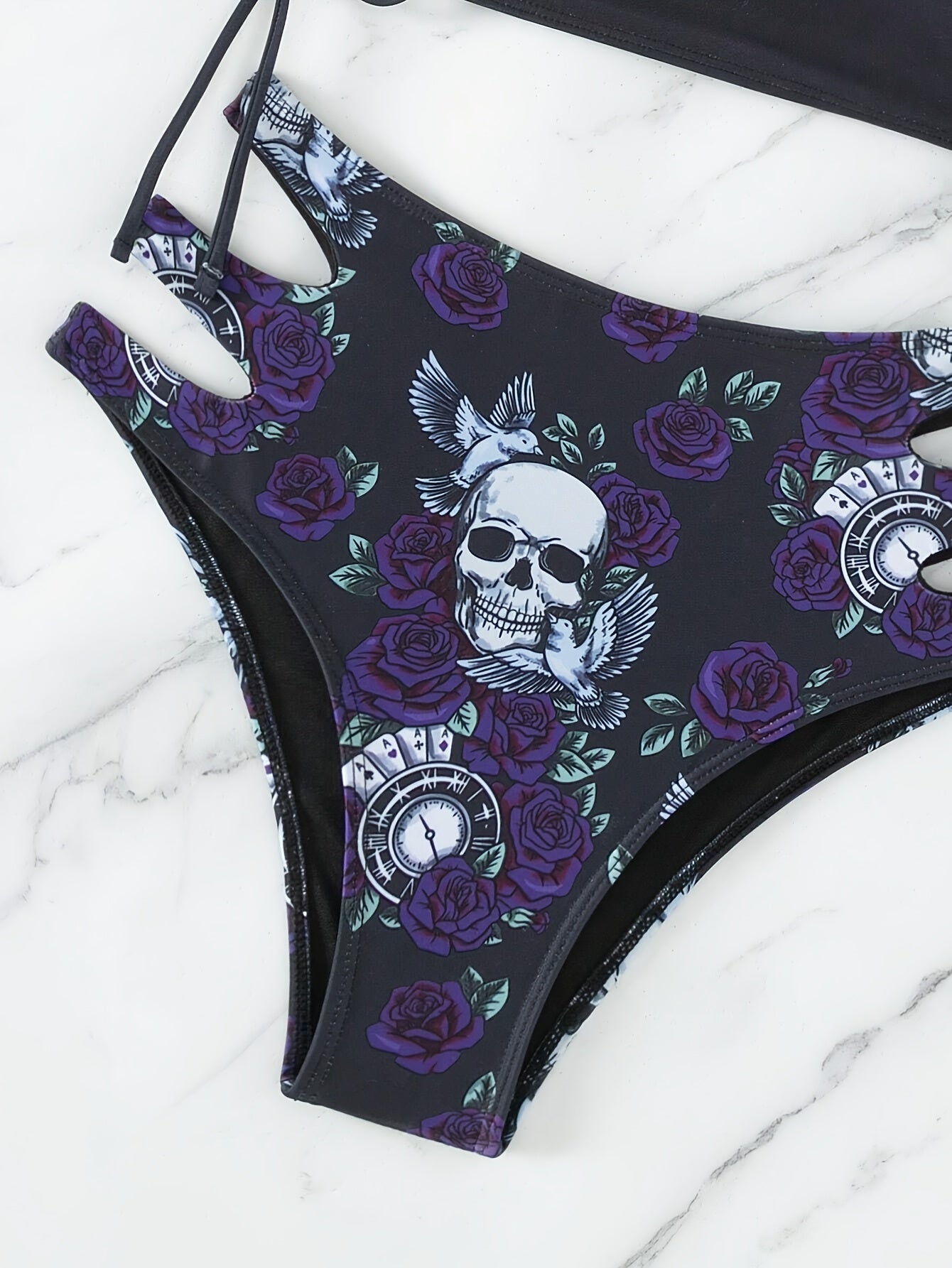Bikini Skull Print Hollow-Out 2 Piece Swimsuit for Women – Sexy Lace-Up Floral Tie Bathing Suit with Crew Neck – High Stretch Halloween Inspired Bikini Set for Beach Party, Festival, and Summer Vacation