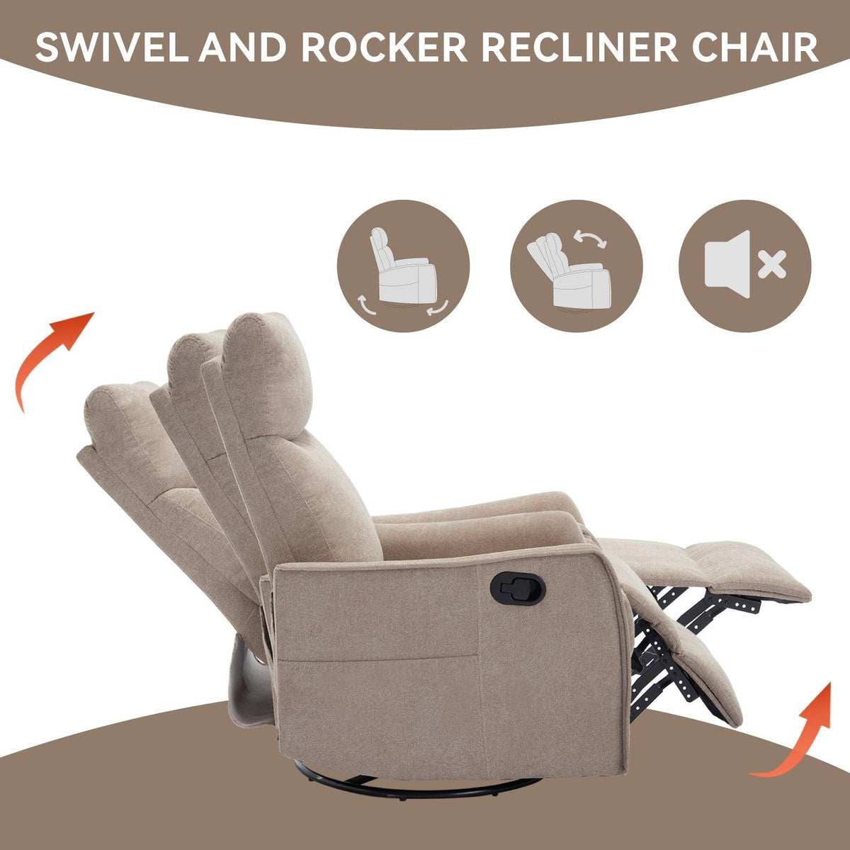 Heat Massage Manual Recliner Chair with Rocker and Swivel in Khaki