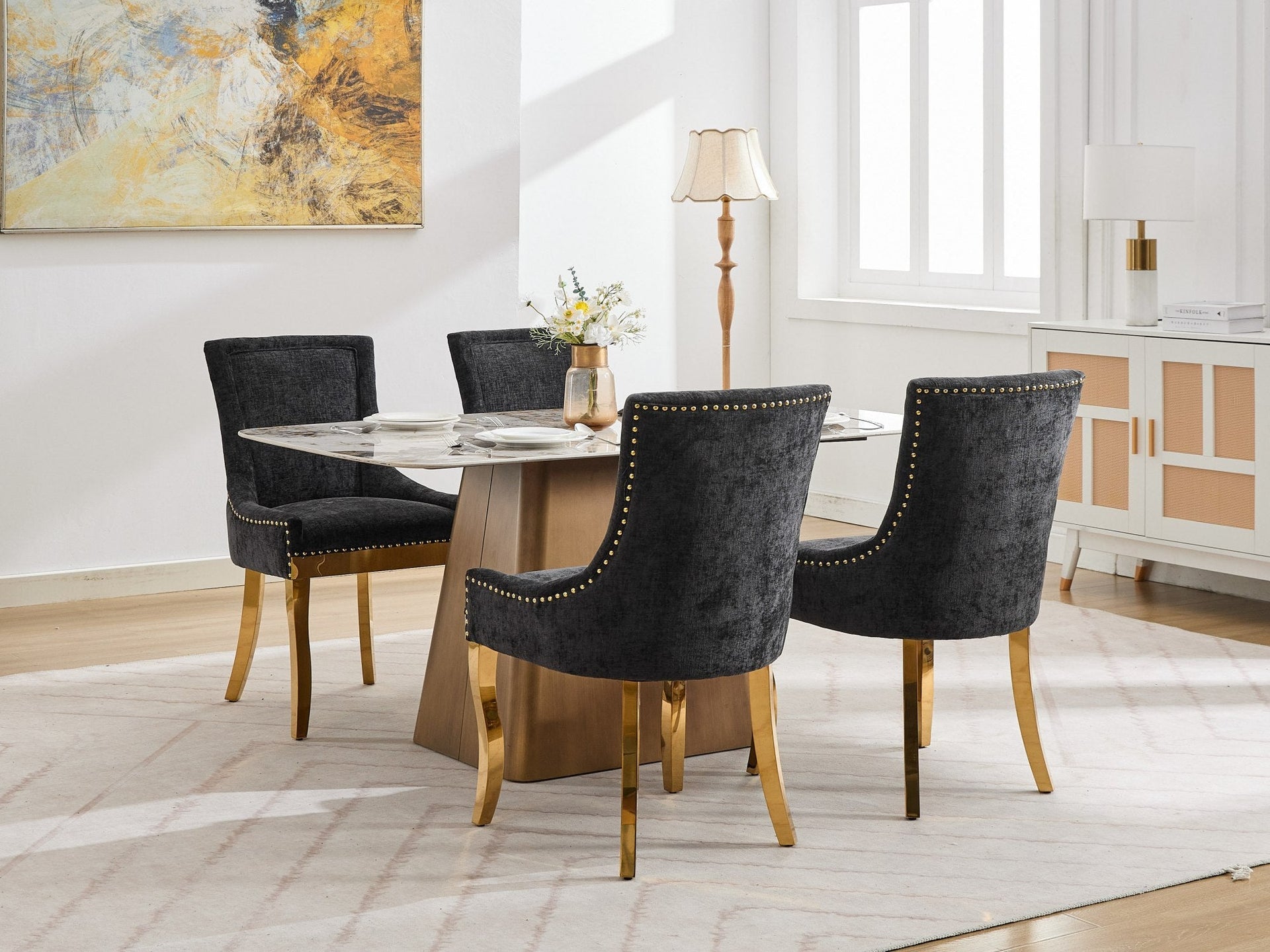 Chenille Dining Chairs Modern Style with Curved Gold-Plated Legs & Rivet Trim