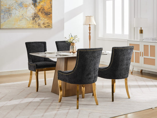Chenille Dining Chairs Modern Style with Curved Gold-Plated Legs & Rivet Trim