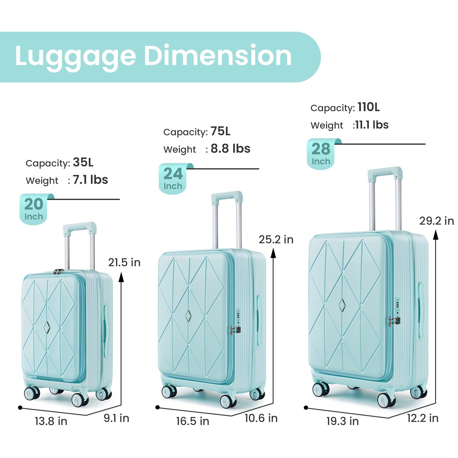 Luggage Sets 3 Piece(20/24/28), Expandable Carry On Luggage with TSA Lock Airline Approved, 100% PC Hard Shell and Lightweight Suitcase with Front Pocket and Spinner Wheels