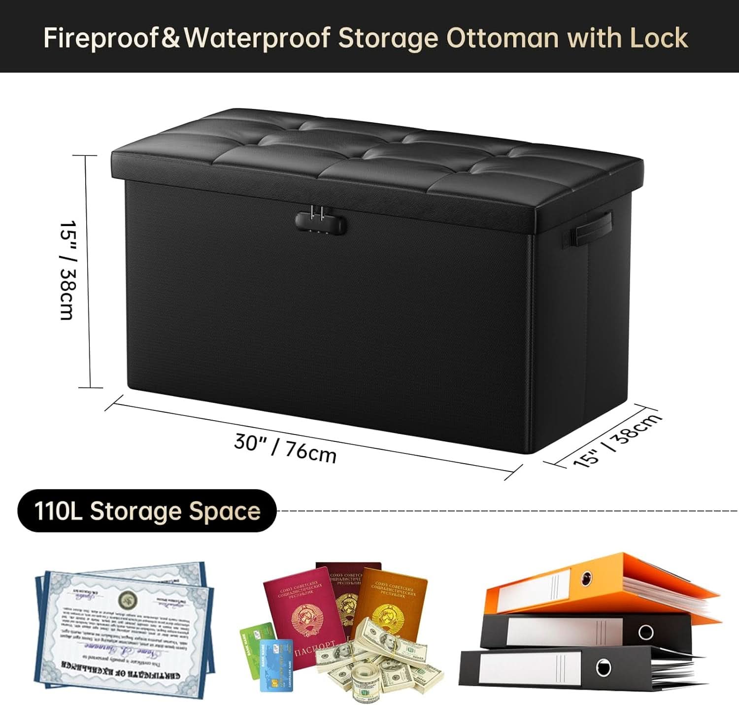 Storage Ottoman Bench 30 Inches Black Storage Lock Pro
