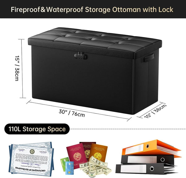 Storage Ottoman Bench 30 Inches Black Storage Lock Pro