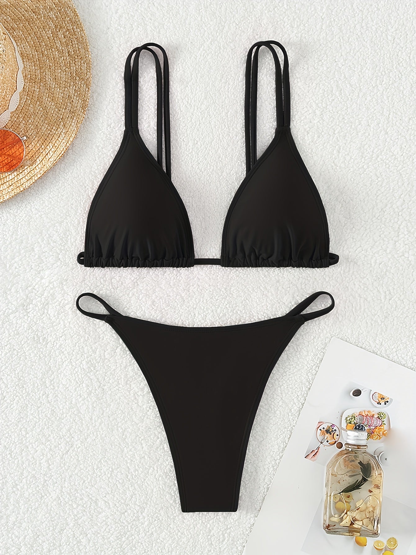 Bikini Solid Color Triangle V Neck 2 Piece Bikini Set for Women – Stretchy Double Strap Tie Back V String Swimwear with Lace Up Detail – Flattering Beach Vacation Swimsuit for Confident Summer Style and Poolside Fashion