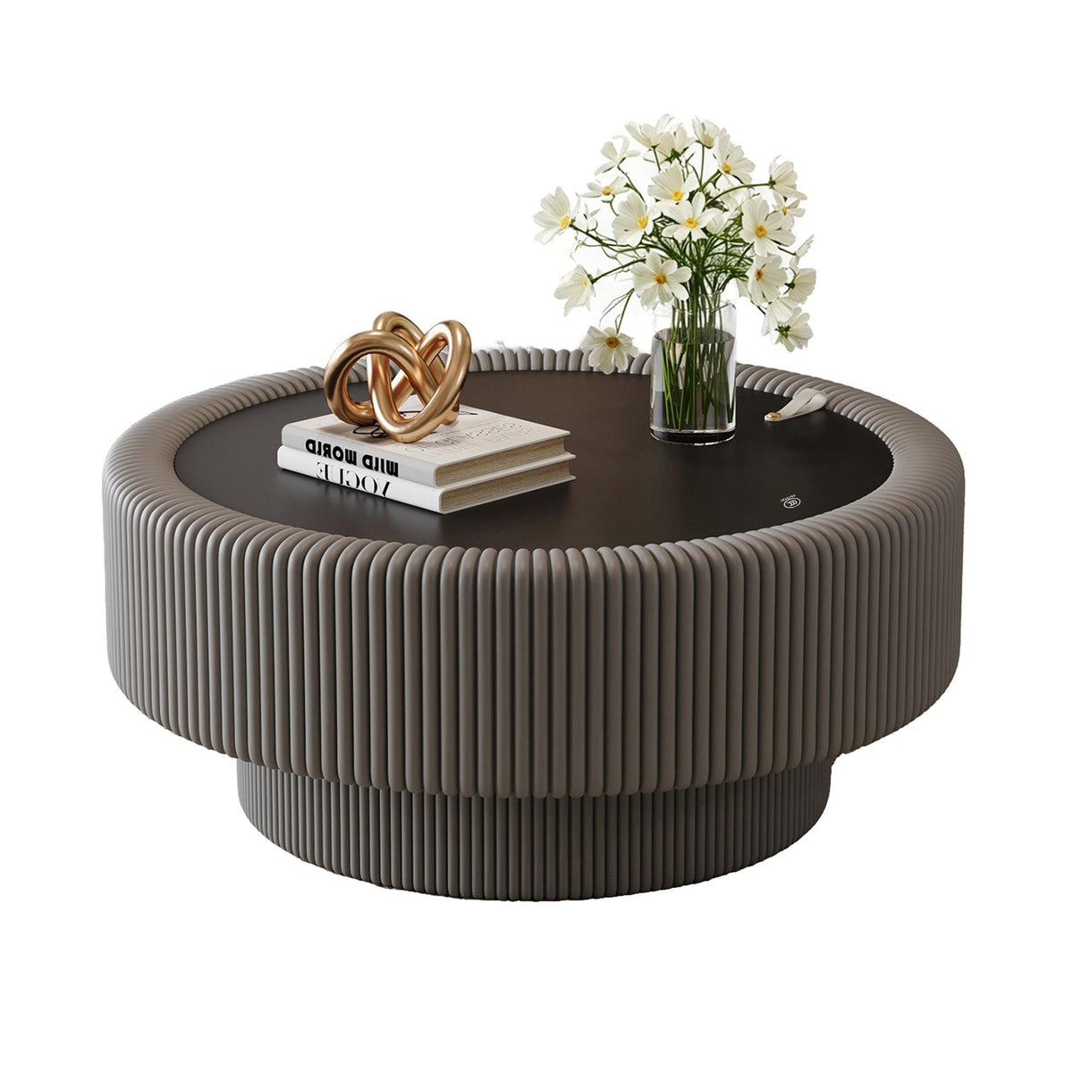 Modern Round Coffee Table with Tempered Glass, Storage – Fluted Leather Design