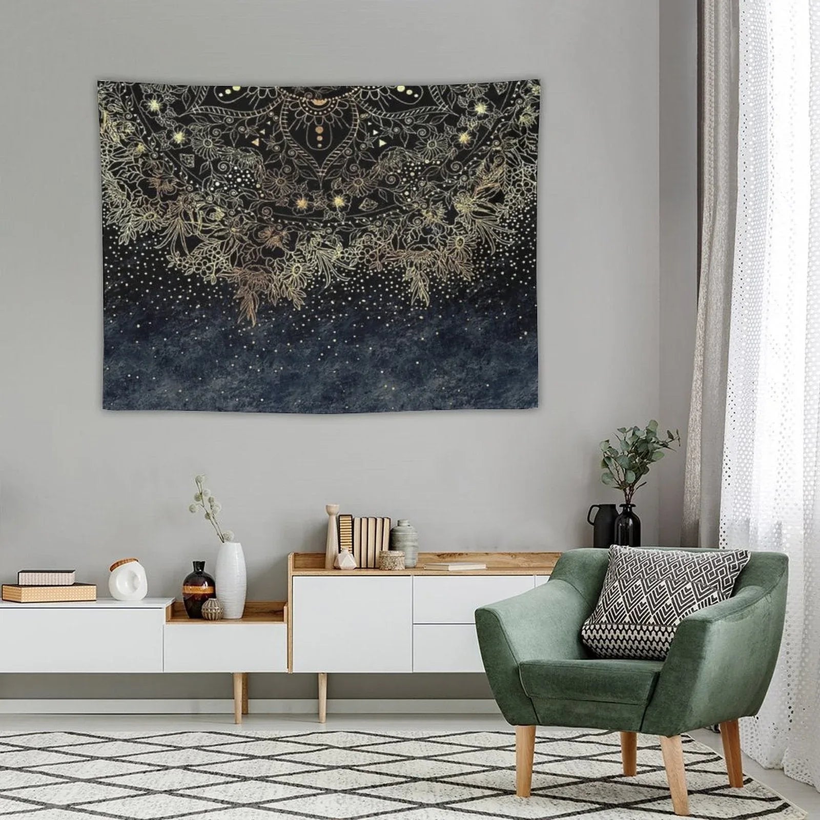 Blue Gold Mandala Floral Tapestry