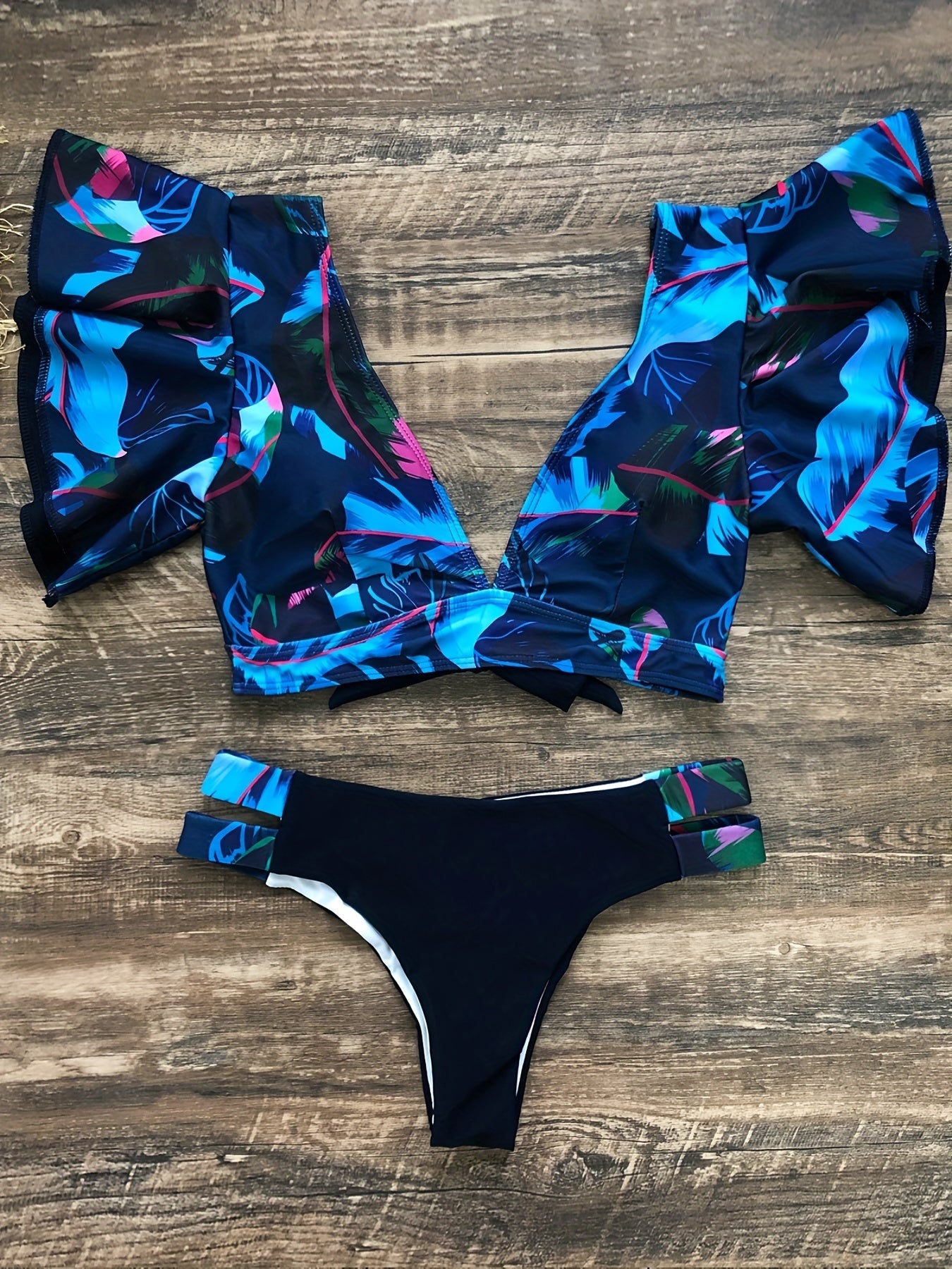 Bloom Day Ruffle Bikini Set – Chic Elegant Plant Print V-Neck Swimsuit with Tie-Back and High-Stretch Ruffle Trim – Women's 2-Piece Swimwear for Poolside Style & King’s Day Celebrations