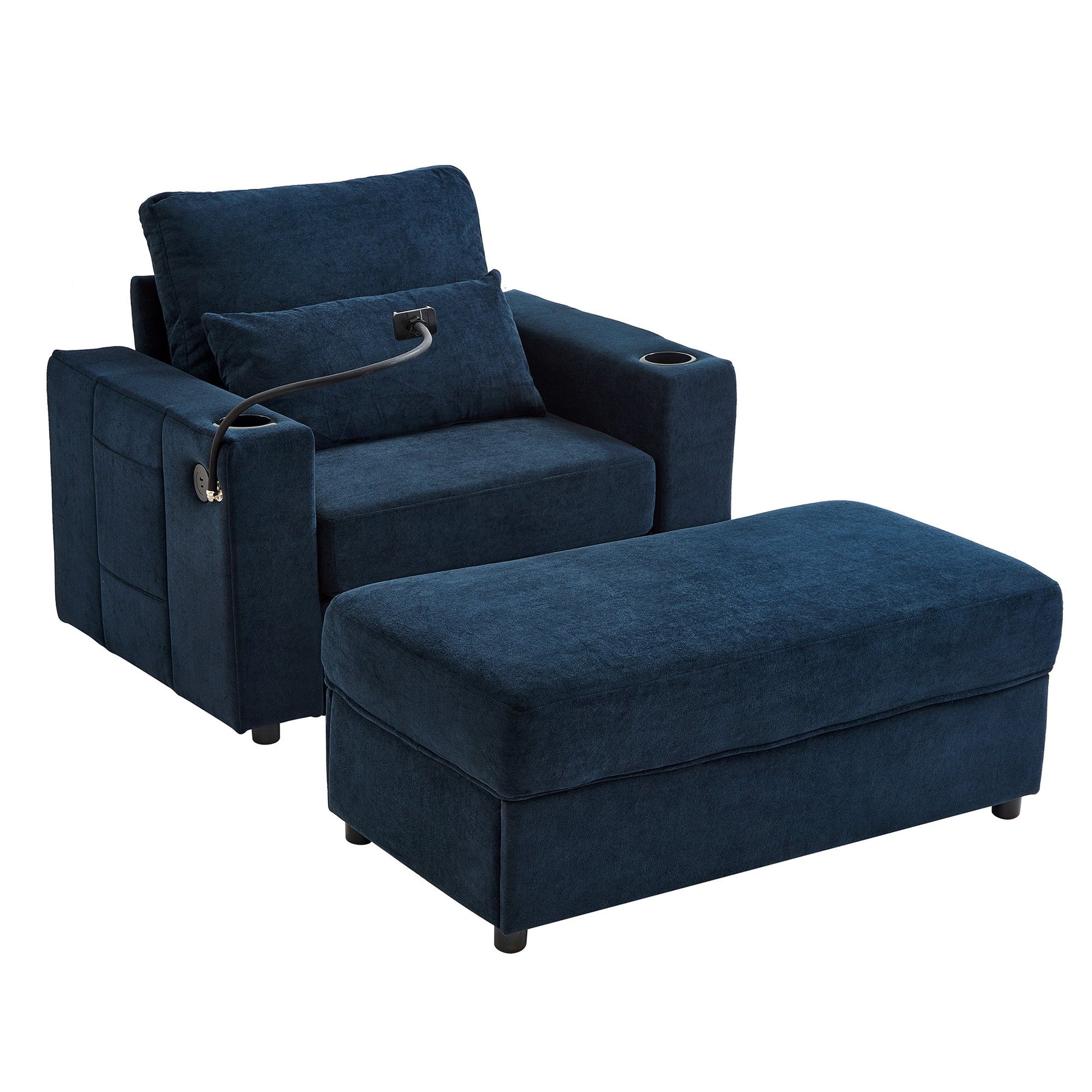 Modern Style Armchair Chaise Lounge  with Movable Storage Ottoman, USB Ports, and Cup Holders