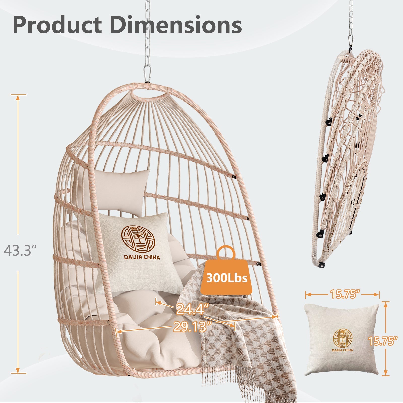 Outdoor Garden Rattan Egg Swing Hanging Chair PE Wicker Hanging Chair for Outdoor Patio